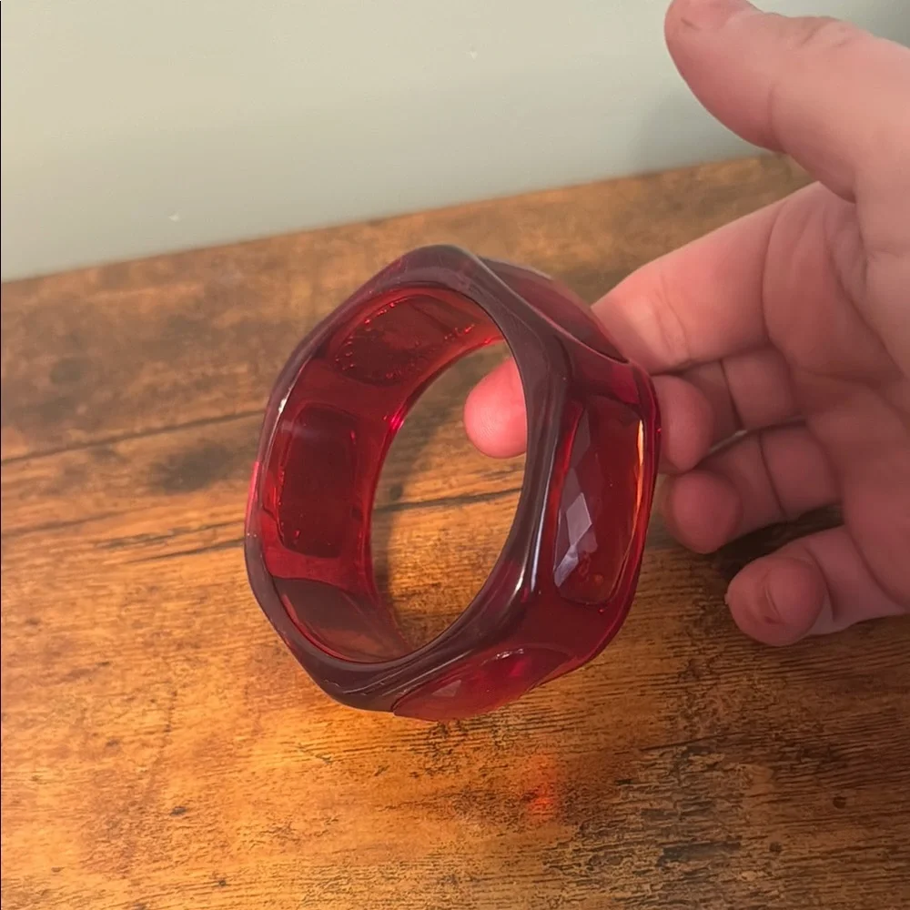 Vintage Plastic Bangle Bracelet with Large Gemstones, Red, Faceted, Retro, Boho